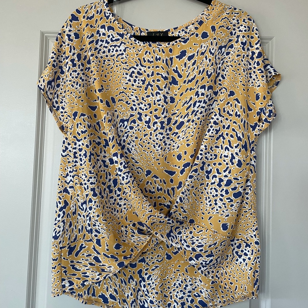 Yellow and blue leopard print, front twist blouse